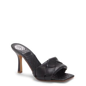 Vince Camuto Black Genuine Leather Woven High Heel Mules Sandals